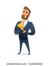 Successful charming businessman character celebrates victor. Business men rejoice in success