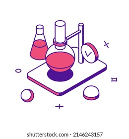 Successful chemistry laboratory science researching experimentation with flask 3d icon isometric vector illustration. Innovation medical discovery biology development pharmaceutical study analysis