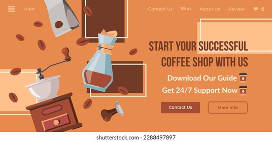 Successful coffee shop with us, start your business with tips and recommendations from specialists. Machine and grinder, fresh beverage. Website page, internet landing site template. Vector in flat 