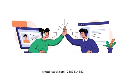 Colaboração bem-sucedida e alta-cinco entre dois funcionários remotos em uma chamada de vídeo.