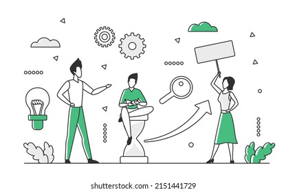 Trabajo en equipo de trabajo colaborativo exitoso. Grupo de cooperación que trabaja en la ilustración común del vector de tareas monocolor