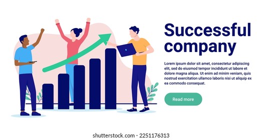 Successful company - Business people cheering while standing with positive chart diagram and green arrow pointing up. Success and financial growth concept, flat design vector illustration