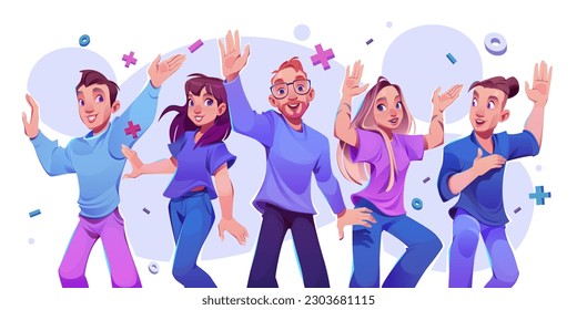 Successful company dream team. Vector cartoon illustration of active young men and women waving hands, smiling on white background. Startup business employees and boss. Happy people determined to win