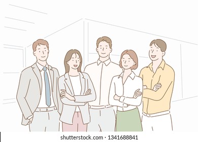 Successful company with happy workers. Hand drawn style vector design illustrations.