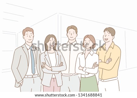 Successful company with happy workers. Hand drawn style vector design illustrations.