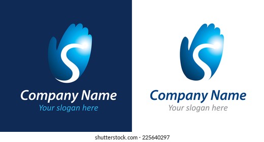 Successful company vector logo. Shining letter S on hand palm sign. Business icon. Growth, increase, development, evolution, progress, partnership design symbol. Lighting goal and way up to success.