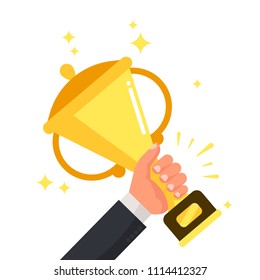 Successful competitive winner holding golden cup in hand. Prize for winning competition achievement, champion success leadership award cartoon colorful vector flat illustration