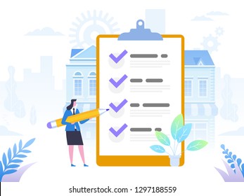 Successful completion of business tasks. Positive business woman with a giant pencil on his shoulder nearby marked checklist on a clipboard paper. Flat vector illustration.