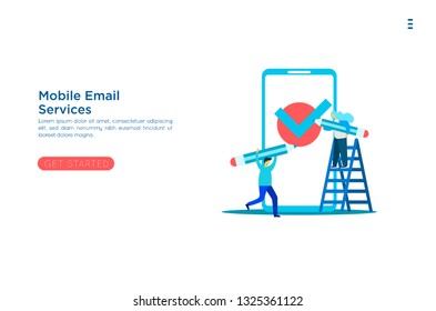 Successful completion of business tasks. Positive business man with a giant pencil on his shoulder nearby marked checklist on a clipboard paper. Flat vector illustration. smartphone checklist - Vector