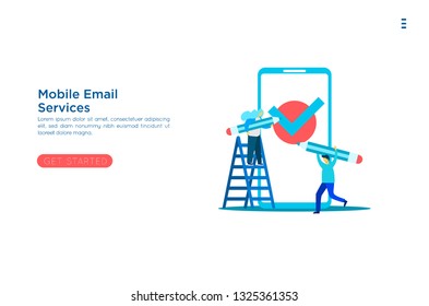 Successful completion of business tasks. Positive business man with a giant pencil on his shoulder nearby marked checklist on a clipboard paper. Flat vector illustration. smartphone app to do