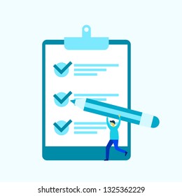 Successful completion of business tasks. Positive business man with a giant pencil on his shoulder nearby marked checklist on a clipboard paper. Flat vector illustration. hand pencil checklist