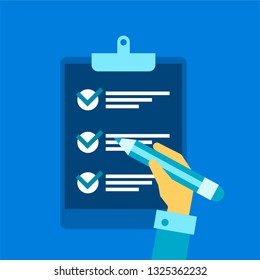 Successful completion of business tasks. Positive business man with a giant pencil on his shoulder nearby marked checklist on a clipboard paper. Flat vector illustration. hand pencil checklist
