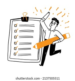 Successful completion of business tasks. Positive businessman with a giant pencil nearby marked checklist on a clipboard paper. Hand drawn vector illustration doodle style.