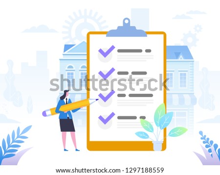 Successful completion of business tasks. Positive business woman with a giant pencil on his shoulder nearby marked checklist on a clipboard paper. Flat vector illustration.