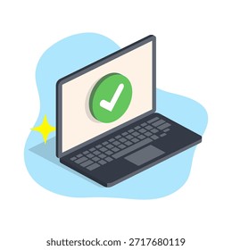 Conclusão bem-sucedida em uma tela de notebook na ilustração vetorial de design plano isométrico confirmação de interface de usuário de estado vazio