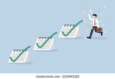 Successful completion of the probationary period, time of new employee receives training and observation carefully concept. New businessman employee being happy with correct signs on calendars.