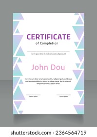 Successful completion of project certificate design template. Vector diploma with customized copyspace and borders. Printable document for awards and recognition. Cairo, Calibri Regular fonts used