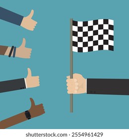 Successful completion of the task. Businessman hand holds finish flag. Colleagues raising hands in approval or like gesture. Tasks or project completed. Office relationship. flat vector illustration