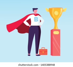 Successful completion of task vector, isolated businessman wearing formal clothes and cloak flat style. Person achieved success, trophy golden cup