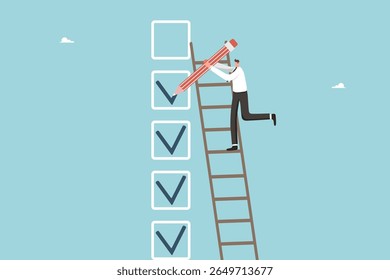 Conclusão bem-sucedida de tarefas e atribuições, planejamento de programação de trabalho, gerenciamento de tempo e programação de negócios, tomada de decisões de negócios, pensamento racional, homem desenha uma marca de seleção em uma caixa.