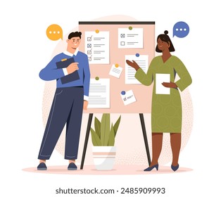 Successful completion of tasks. Man and woman near scrum board. Business tasks and goals. Time management and efficient workflow. Collaboration and cooperation. Cartoon vector illustration