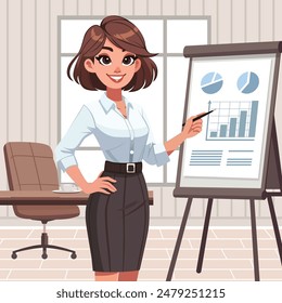 a successful, confidence and enthusiasm businesswoman character with short stylish hair, wearing a blouse and pencil skirt, presenting a project in front of a whiteboard in a conference room.