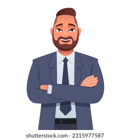 Successful confident bearded man stands with his arms crossed. Happy businessman in a jacket, trousers, shirt and tie. Vector cartoon illustration isolated on white background.