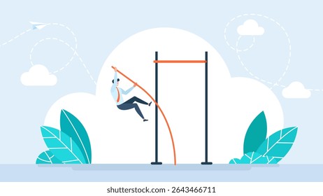 Líder de negócios confiante e bem-sucedido saltando no salto. Realização do objetivo de negócios, sucesso na solução de problemas de negócios, sucesso na sobrevivência da crise financeira. Progresso. Cofre de Polo. Ilustração vetorial