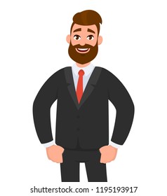 Successful confident happy businessman standing while smiling and thumb finger inside the pant or trouser pocket, wearing black formal suit and tie. Businessman concept illustration in vector cartoon.