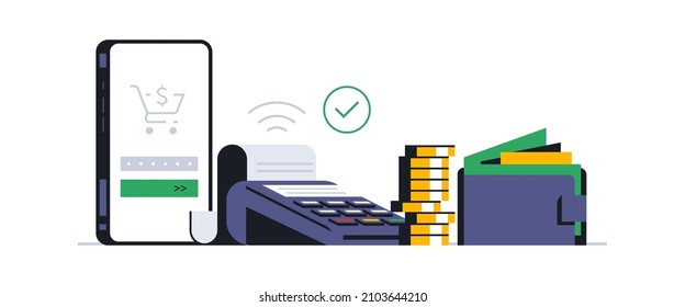 Successful contactless payment through a payment terminal. Screenshot of the menu for entering the PIN code of the bank card in the bank's mobile application. Phone, coin, wallet. Vector illustration.