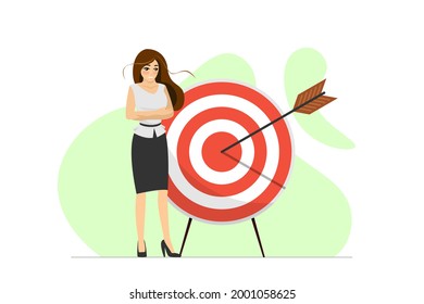 Successful contented businesswoman stand with target and arrow hit center. Woman achieving her business or work goal concept. Vector isolated eps illustration