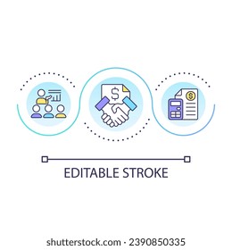 Icono de concepto de bucle de entrenamiento de contrato con éxito. Ilustración de línea delgada de idea abstracta de acuerdos financieros. Documentos comerciales. Negociación. Dibujo de contorno aislado. Trazo editable