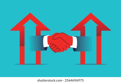 Successful cooperation, cooperation allows both parties to win or grow together, partnership, upward growth of the arrow within the handshake