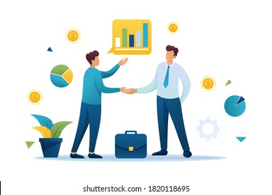 Cooperación exitosa entre dos empresarios. Diseño web en 2D plano.