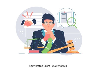 Successful corporate lawyer in suit vector illustration. Judicial worker with scales of justice flat style. Law, justice, authority concept