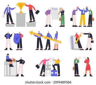 Successful corporate relations policy, company business ethics. Workplace business corporate culture, company policy vector illustration set. Business ethics scenes. Office teamwork organization