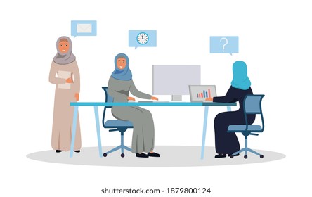 Successful and creative Arab businesswomen team working together on a project in modern office, sitting at the desk, wearing hijab. Image isolated on white background