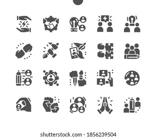 Successful creative team. Working and communicating together. Team work process. Startup, idea. Team power. Vector Solid Icons. Simple Pictogram