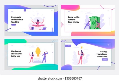 Successful Creative Teamwork Business Concept for Landing Page Set. People Characters with Money Stack, Idea and Multitasking Woman, Showing Innovation Website, Web Page Template. Vector Illustration