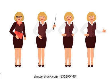 Successful cute business woman character  in office style in different poses set. Vector illustration with isolated characters.