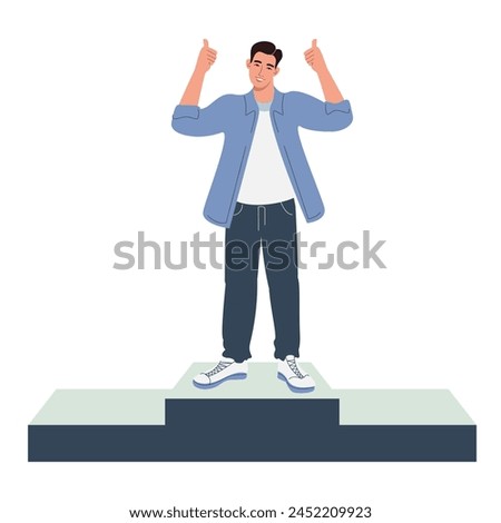 Successful deal concept. Task job done. Happy male character raises hand up celebrating success. Vector flat illustration isolated on white background.