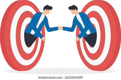 a successful deal, a dart at the center of the target, people in business suits shake each other's riches,