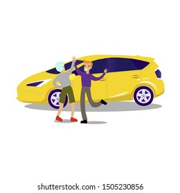 Successful deal, man buy new car. Vector man rent auto, happy buyer enjoy from purchase illustration