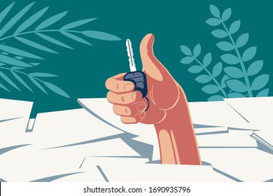 Successful deal with a vehicle. A hand with a car key in the palm, breaking through a pile of documents, shows a thumb up indicating successful paperwork.