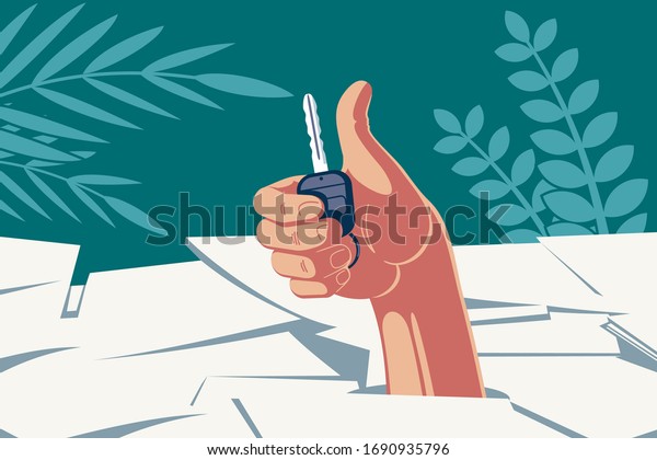 Successful deal with a vehicle. A hand with a\
car key in the palm, breaking through a pile of documents, shows a\
thumb up indicating successful\
paperwork.