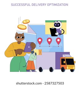 Successful delivery optimization in a digital context. This illustration features characters using technology to enhance efficiency in deliveries. It highlights the role of tracking and data in