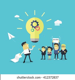 Successful design concept great idea design flat. Businessman with a piece of paper in his hand creates a new idea. Business  work employee happily support colleague with banner. Vector illustration