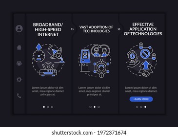 Successful digital inclusion preconditions onboarding vector template. Responsive mobile website with icons. Web page walkthrough 3 step screens. Technology dark theme concept with linear illustration