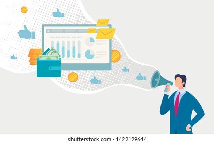 Successful Digital Marketing Strategy Flat Vector Concept. Businessman with Loudspeaker, Advertising Profitable Loan Offer, Online Services for Financial Planning, Credit Rating Control Illustration