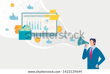 Successful Digital Marketing Strategy Flat Vector Concept. Businessman with Loudspeaker, Advertising Profitable Loan Offer, Online Services for Financial Planning, Credit Rating Control Illustration